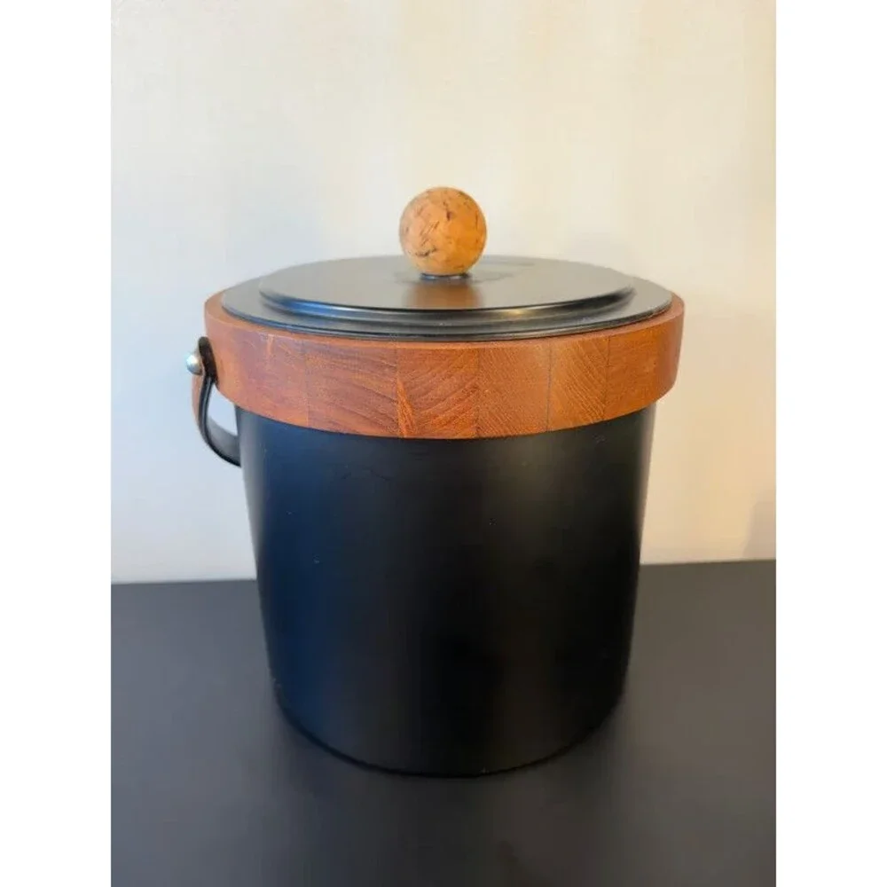 Mid Century Ice Bucket Black Body Teak Collar Swing Handle Cork Knob Barware